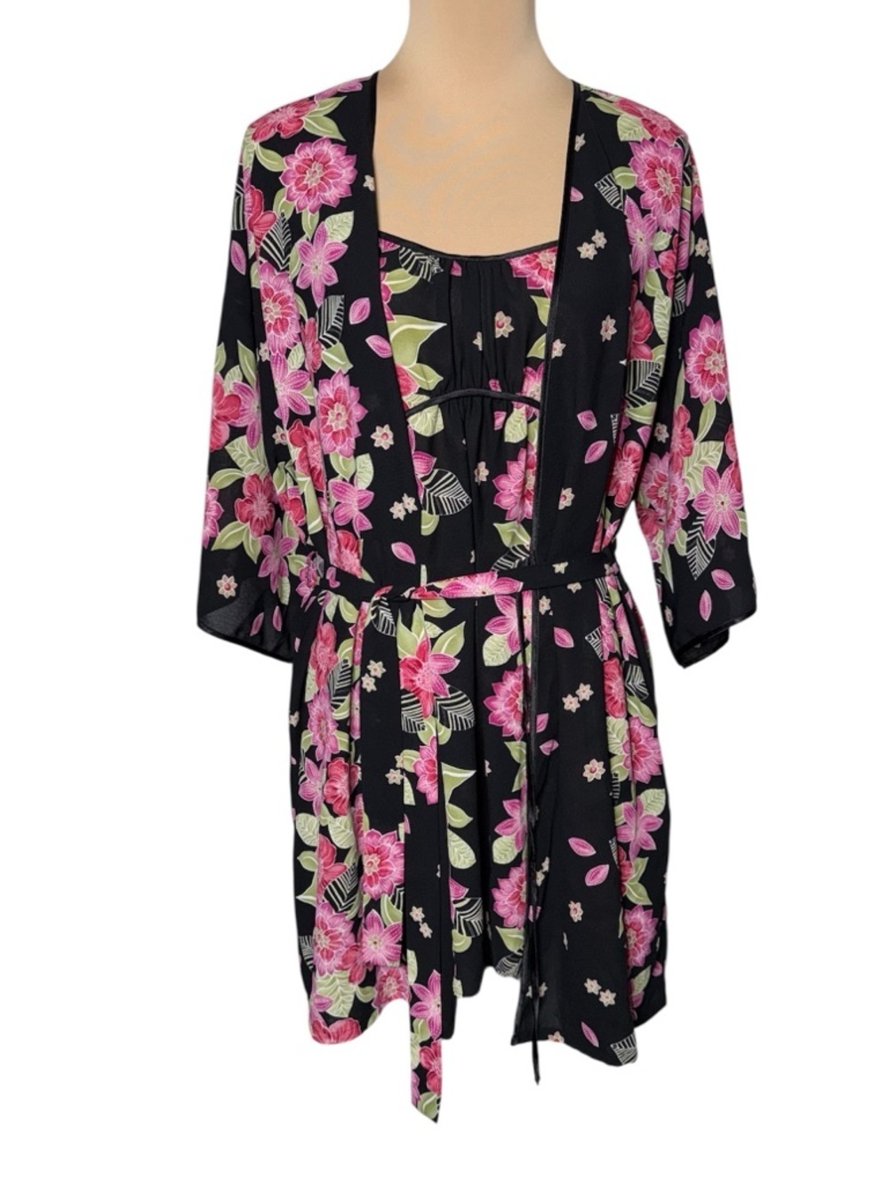 Vintage Oscar de la Renta Floral Slip Dress & Robe Set Romantic Lingerie